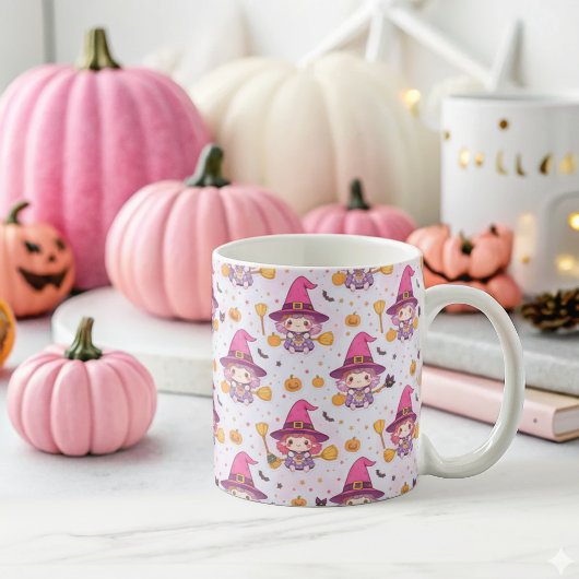ハロウィンのカボチャと魔女の面白いパターン コーヒーマグカップ