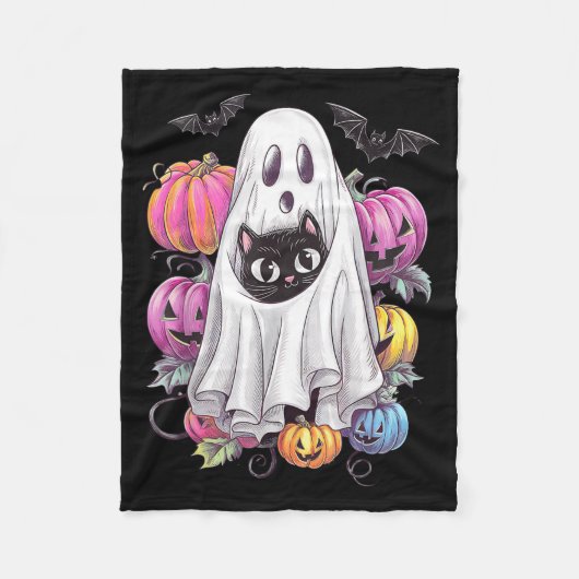 ハロウィンのカボチャと黒猫の幽霊 フリースブランケット (正面)