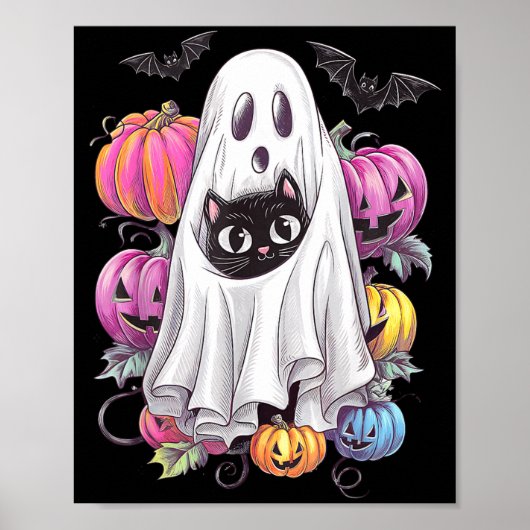 ハロウィンのカボチャと黒猫の幽霊 ポスター (正面)