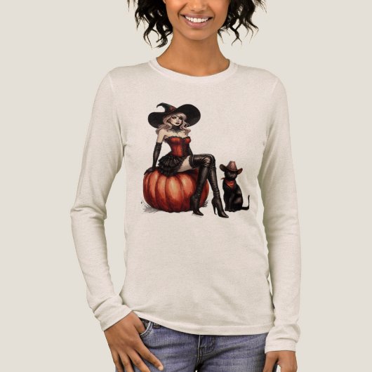 ハロウィンのカボチャと黒猫の魔女 トライブレンドTシャツ (正面)
