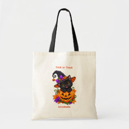 ハロウィンのカボチャにいる黒猫 カスタムデザイン トートバッグ
