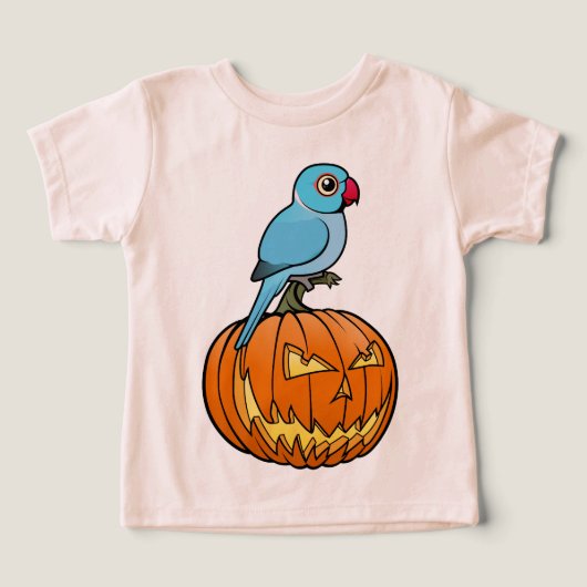 ハロウィンのカボチャにとまる青いインドリングネック (デザイン正面)