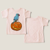 ハロウィンのカボチャにとまる青いインドリングネック (デザイン正面&裏面)