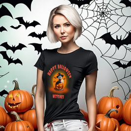 ハロウィンのカボチャに座るゴーストウィッチ Tシャツ