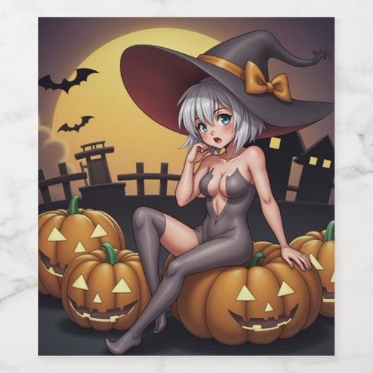 ハロウィンのカボチャに座る緑の目の魔女 ワインラベル (シングルラベル)