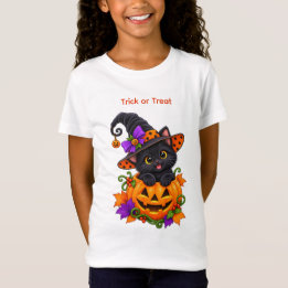 ハロウィンのカボチャに潜む黒魔女猫 オーダーメイド Tシャツ