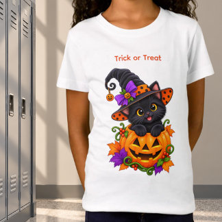 ハロウィンのカボチャに潜む黒魔女猫 オーダーメイド Tシャツ
