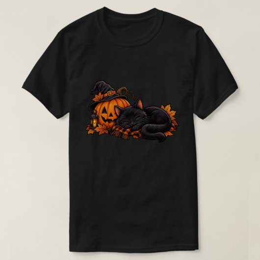 ハロウィンのカボチャのそばで眠る黒猫 Tシャツ (デザイン正面)