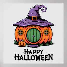 ハロウィンのカボチャのコテージと魔女の帽子の屋根 ポスター