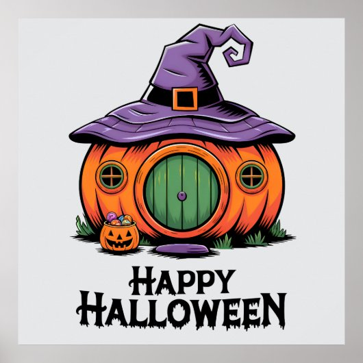 ハロウィンのカボチャのコテージと魔女の帽子の屋根 ポスター (正面)