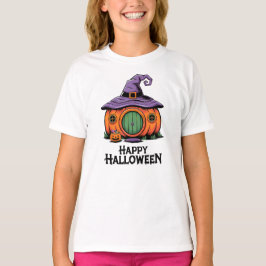 ハロウィンのカボチャのコテージと魔女の帽子の屋根 Tシャツ