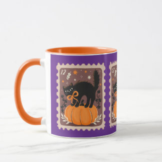 ハロウィンのカボチャのスタンプにリボンを付けた黒猫 マグカップ