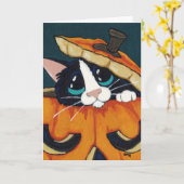 ハロウィンのカボチャのタキシード猫 カード (黄色い花)