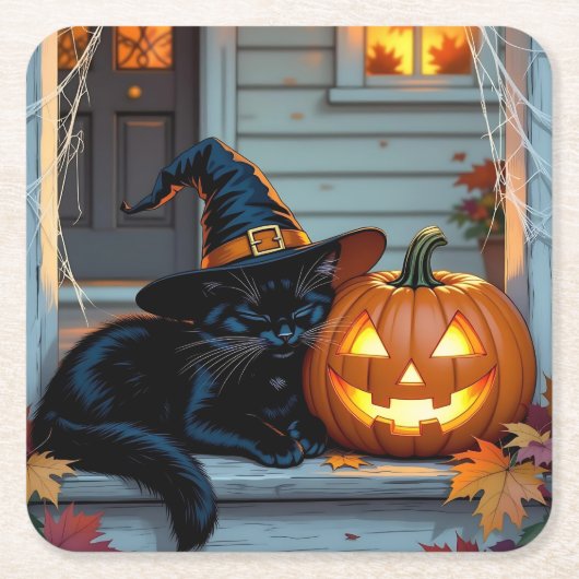 ハロウィンのカボチャの上で眠る黒猫  スクエアペーパーコースター (正面)