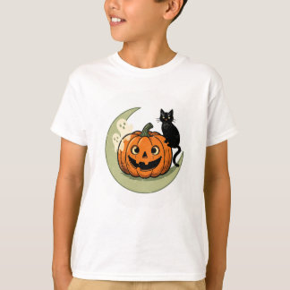 ハロウィンのカボチャの上の可愛い猫の子供Tシャツ Tシャツ