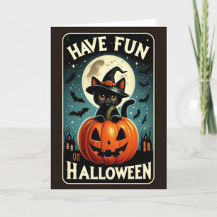 ハロウィンのカボチャの中のかわいいビンテージブラックキャット シーズンカード