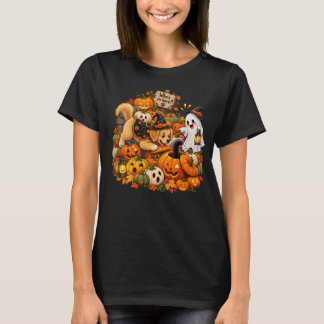 ハロウィンのカボチャの中のネコを探すかわいい犬 Tシャツ