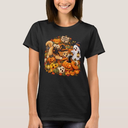 ハロウィンのカボチャの中のネコを探すかわいい犬 Tシャツ (正面)