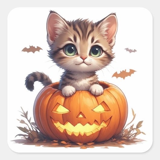 ハロウィンのカボチャの中の子猫 🎃 スクエアシール (正面)