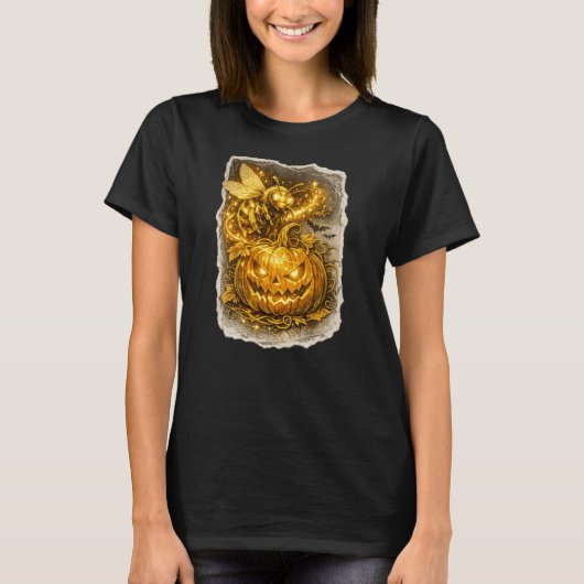 ハロウィンのカボチャの周りで踊る光る蜂のスケッチ Tシャツ (正面)