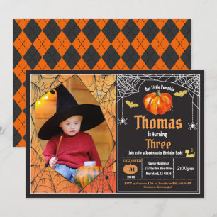 ハロウィンのカボチャの子供の誕生日パーティーの写真 招待状