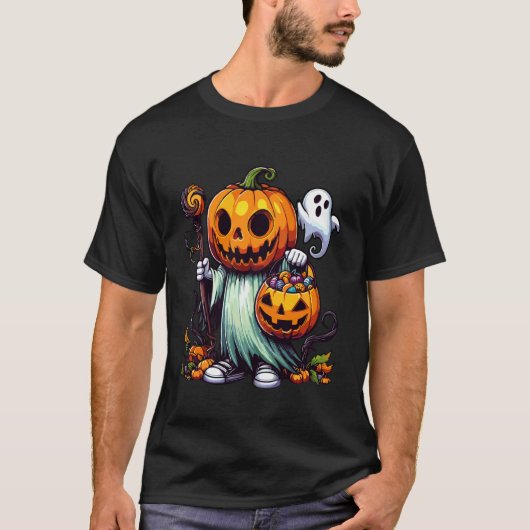 ハロウィンのカボチャの幽霊のお菓子入れ 1 Tシャツ (正面)