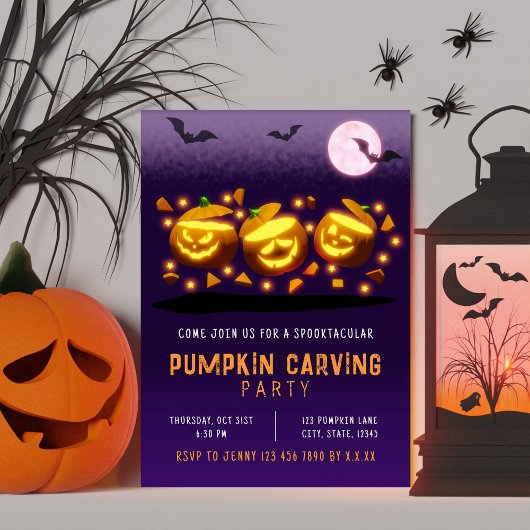 ハロウィンのカボチャの彫刻 オレンジ&パープル 招待状
