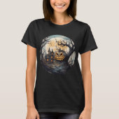 ハロウィンのカボチャの月と不気味な森のホラー Tシャツ (正面)