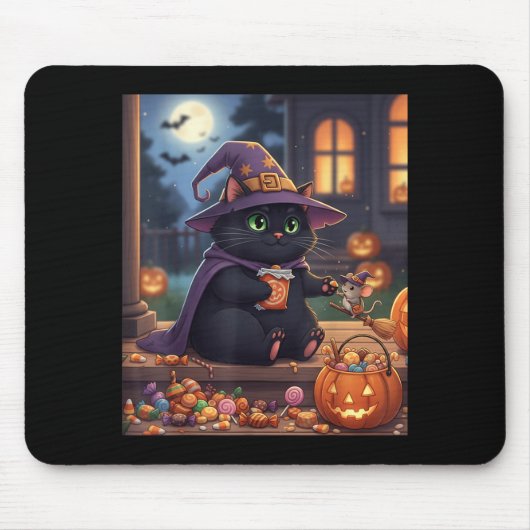 ハロウィンのカボチャの黒猫と可愛いネズミ マウスパッド (正面)