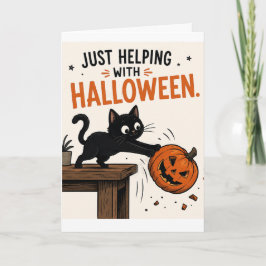 ハロウィンのカボチャをひっくり返す面白い黒猫 カード