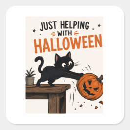 ハロウィンのカボチャをひっくり返す黒猫が可愛い スクエアシール
