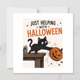 ハロウィンのカボチャをひっくり返す黒猫の面白いイラスト マグネット招待状