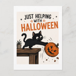 ハロウィンのカボチャを倒す黒猫の面白いイラスト ポストカード