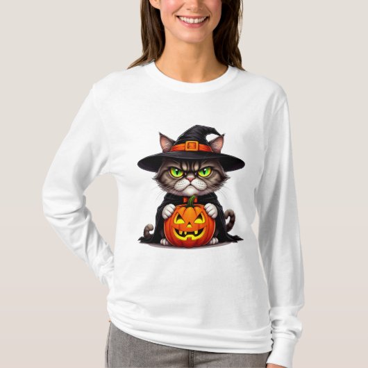 ハロウィンのカボチャを持った魔女の格好をしたぐったりネコ 🎃 Tシャツ (正面)