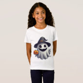 ハロウィンのカボチャを持つキュートな魔女の幽霊 👻 Tシャツ (正面フル)