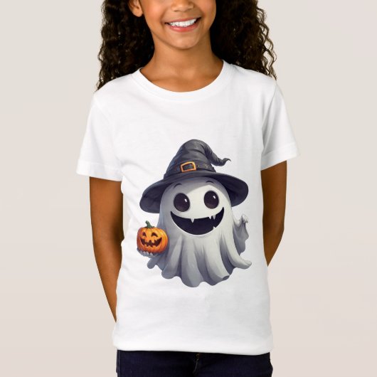ハロウィンのカボチャを持つキュートな魔女の幽霊 👻 Tシャツ (正面)