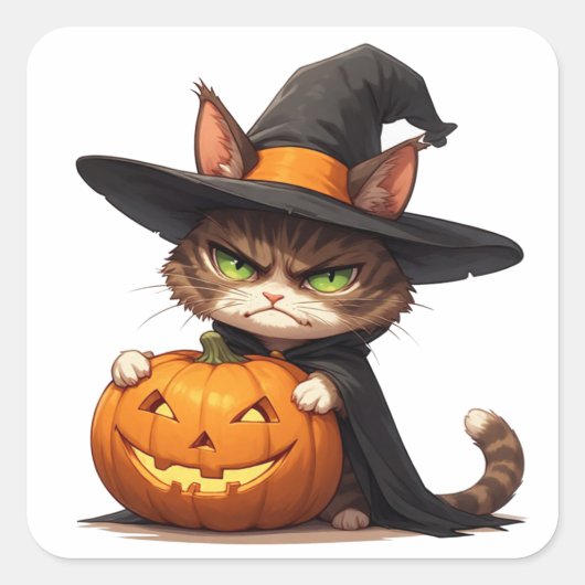 ハロウィンのカボチャを持つ不機嫌な魔女猫 🎃 スクエアシール (正面)