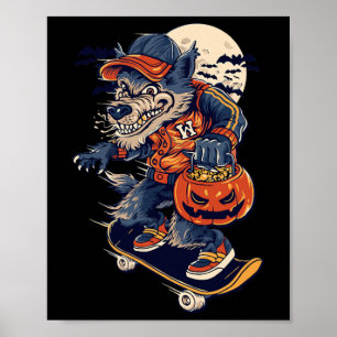 ハロウィンのカボチャを運ぶクールなスケートボードをするオオカミ ポスター
