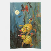 ハロウィンのカボチャキャラクターおよび魔法使い キッチンタオル (縦)