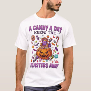 ハロウィンのカボチャデザイン お菓子をあげるとモンスターが遠ざかるよ Tシャツ