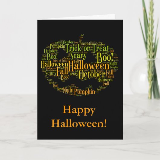 ハロウィンのカボチャブーイング! 黒いおよびオレンジWordcloud カード (正面)