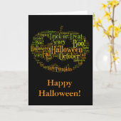 ハロウィンのカボチャブーイング! 黒いおよびオレンジWordcloud カード (黄色い花)