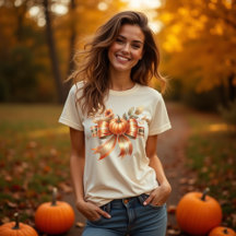 ハロウィンのカボチャリボン柄 感謝祭Tシャツ