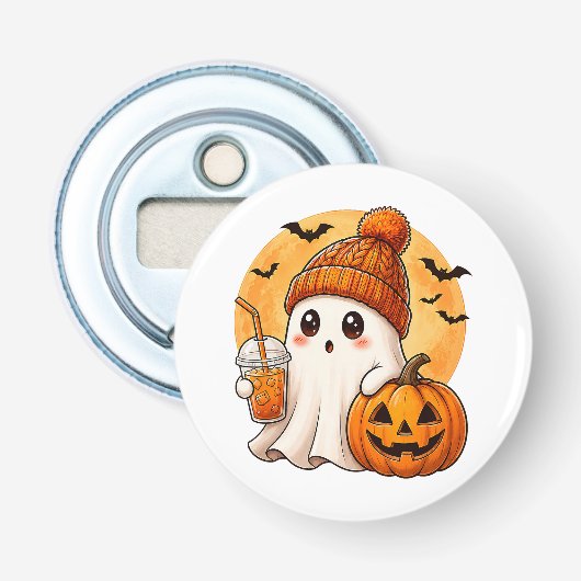 ハロウィンのカボチャ入りアイスコーヒーを飲む幽霊 栓抜き (正面)
