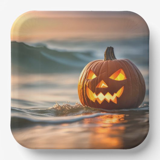 ハロウィンのカボチャ提灯と海岸 ペーパープレート (正面)