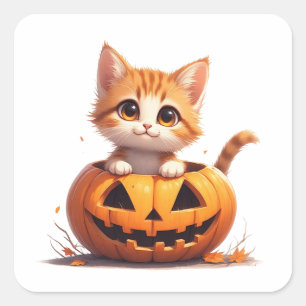 ハロウィンのカボチャ畑でにっこり子猫 🎃 スクエアシール