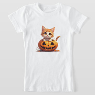 ハロウィンのカボチャ畑でにっこり子猫 🎃 Tシャツ