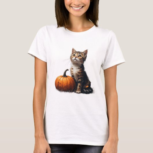 ハロウィンのカボチャ畑のシーンにいるトラ柄の子猫 🎃 Tシャツ (正面)