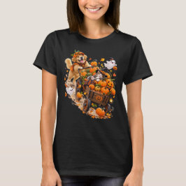 ハロウィンのカボチャ馬車と眠そうな猫 Tシャツ