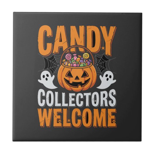ハロウィンのカボチャ お菓子を集める子供たち歓迎 タイル (正面)